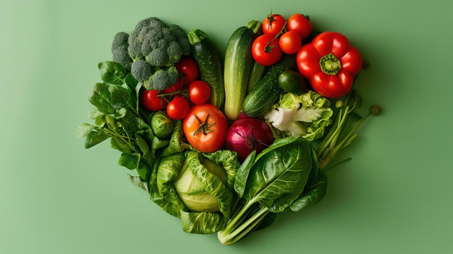 ai generado un variedad de Fresco vegetales arreglado en un corazón forma en un Lima verde antecedentes foto