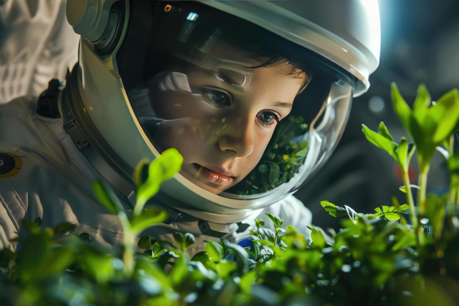 ai generado un joven astronauta chico estudiando planta crecimiento en cero gravedad dentro un astronave foto