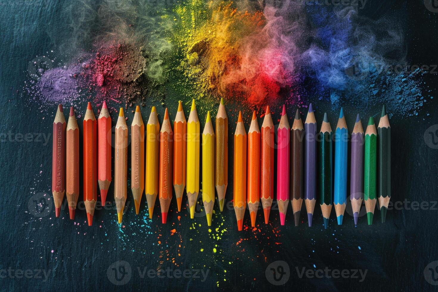 AI generated A rainbow of colored pencils lies with pigment dust against a dark blackboard background. photo