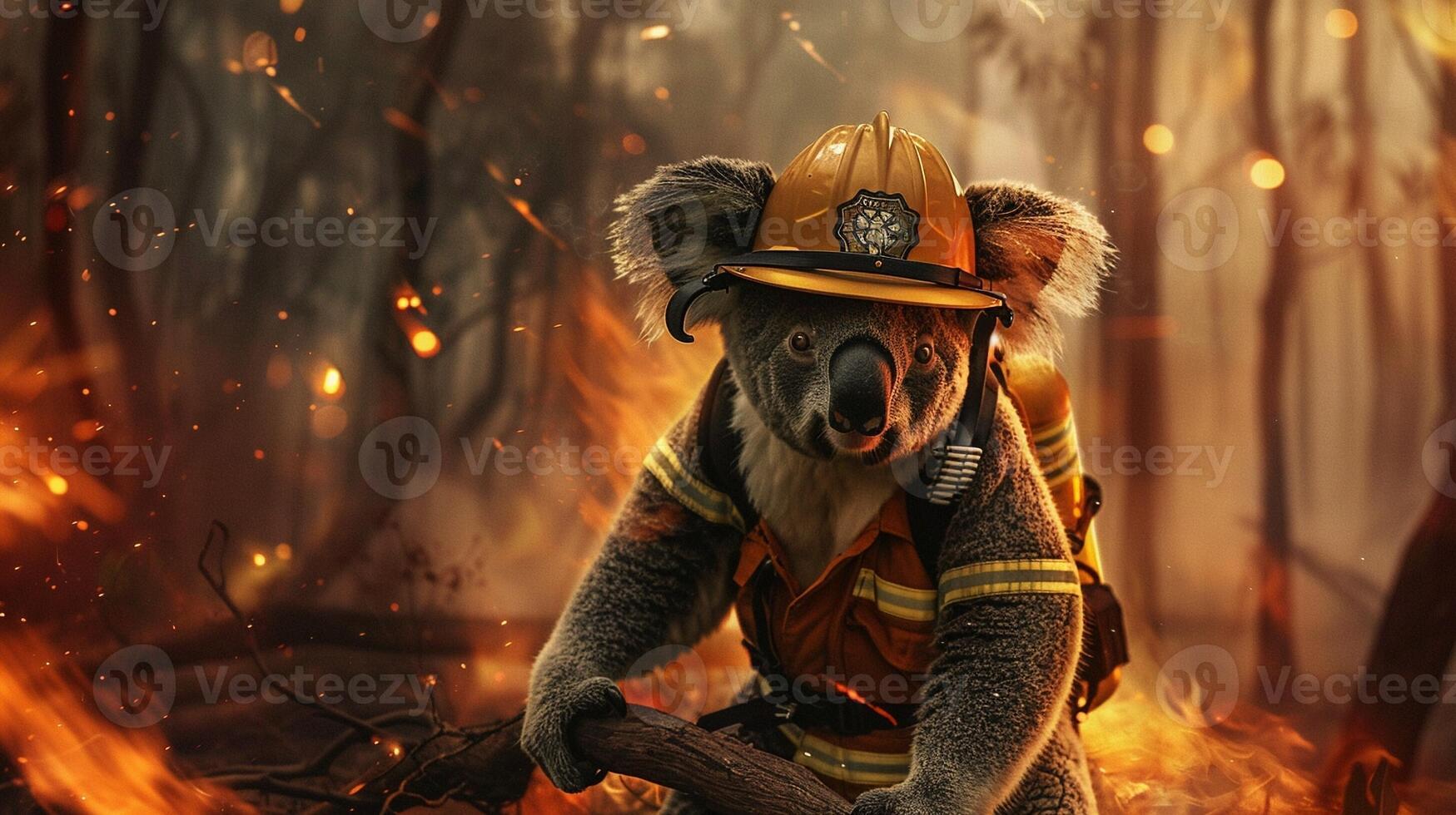 AI generated A creatively edited image showing a brave koala dressed as a firefighter in the midst of a forest fire. photo