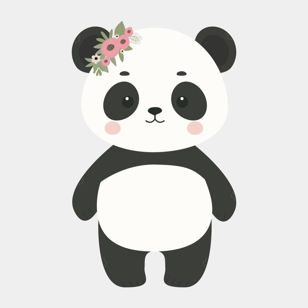 Cute cartoon panda with a wreath on his head vector children's illustration. For poster, greeting card and children's design.