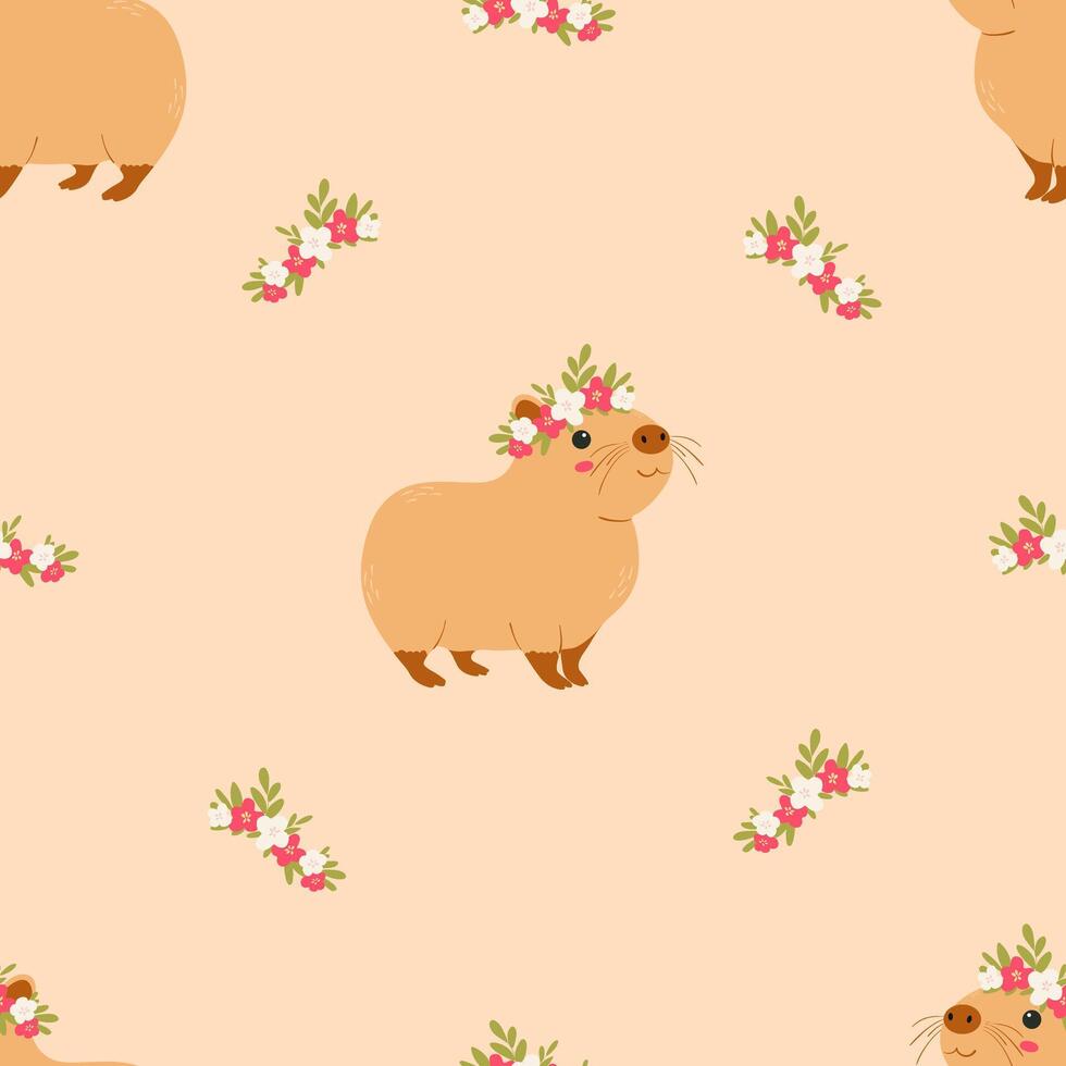 Cute capybaras seamless pattern. Template for textile, wallpaper, packaging, cover, web, card, box, print, banner, ceramics vector