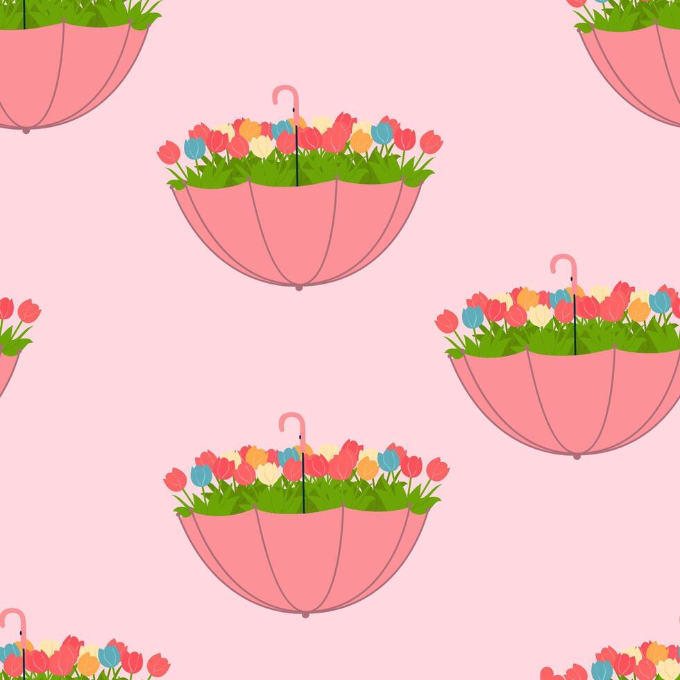 linda paraguas con tulipanes sin costura primavera antecedentes. modelo para textil, fondo de pantalla, embalaje, cubrir vector