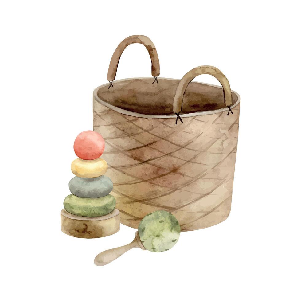 Textile wicker basket for toys, next to it lie a rattle and a multi-colored pyramid. Isolated watercolor illustration for children's interior, cards, stickers, textiles, design vector