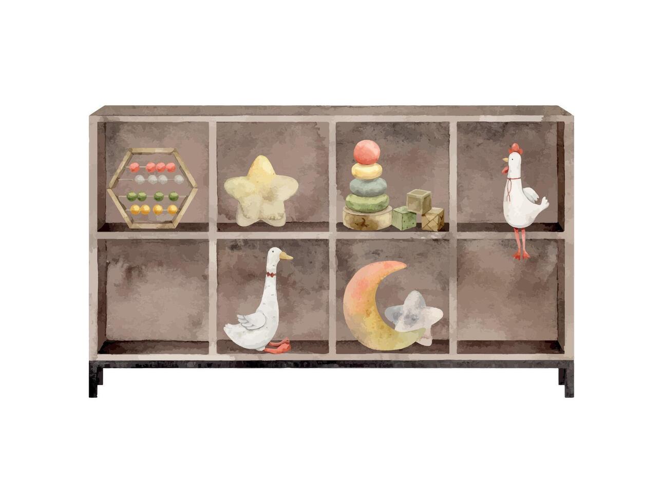 Children's watercolor cabinet with shelves for toys, abacus, goose and rooster, moon and stars, cube and pyramid. Isolated hand drawn illustration for children's interior, cards, stickers, textiles. vector