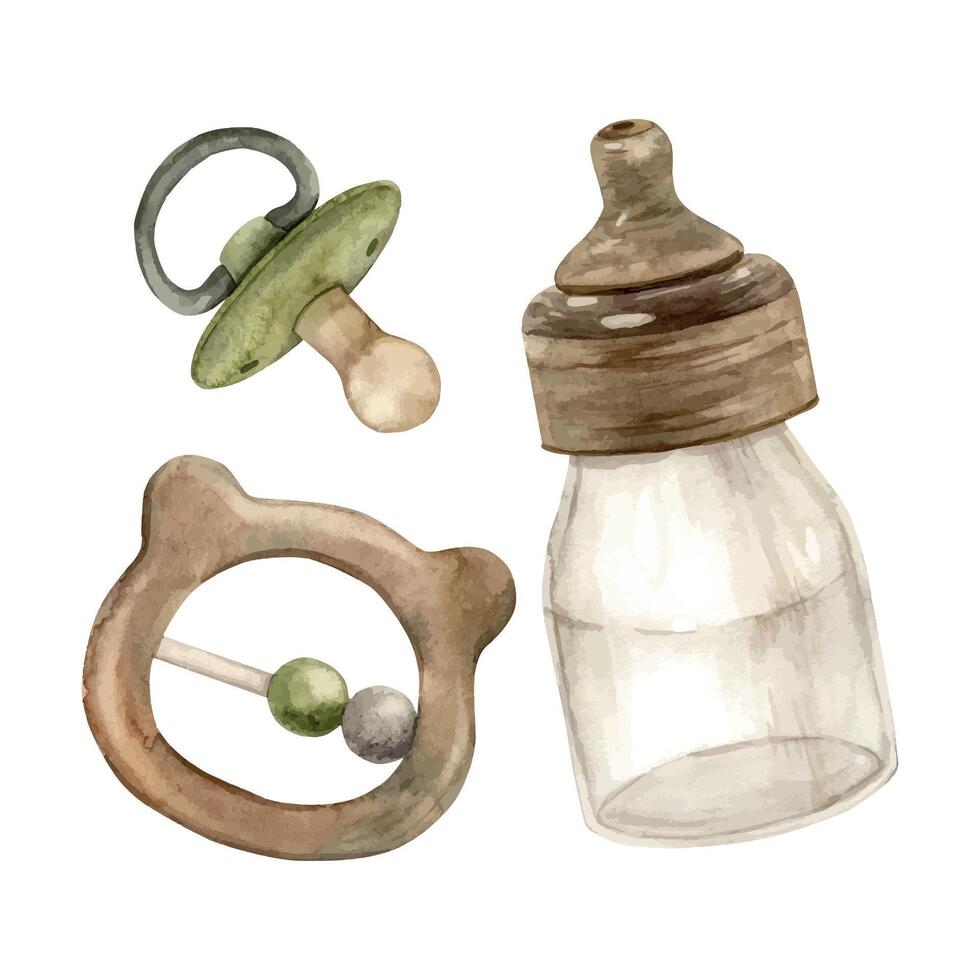 conjunto de bebé accesorios para bebés, de madera traqueteo, chupete y Leche botella. acuarela aislado ilustración para para niños interior, tarjetas, pegatinas, textiles, diseño, invitaciones, embalaje. vector