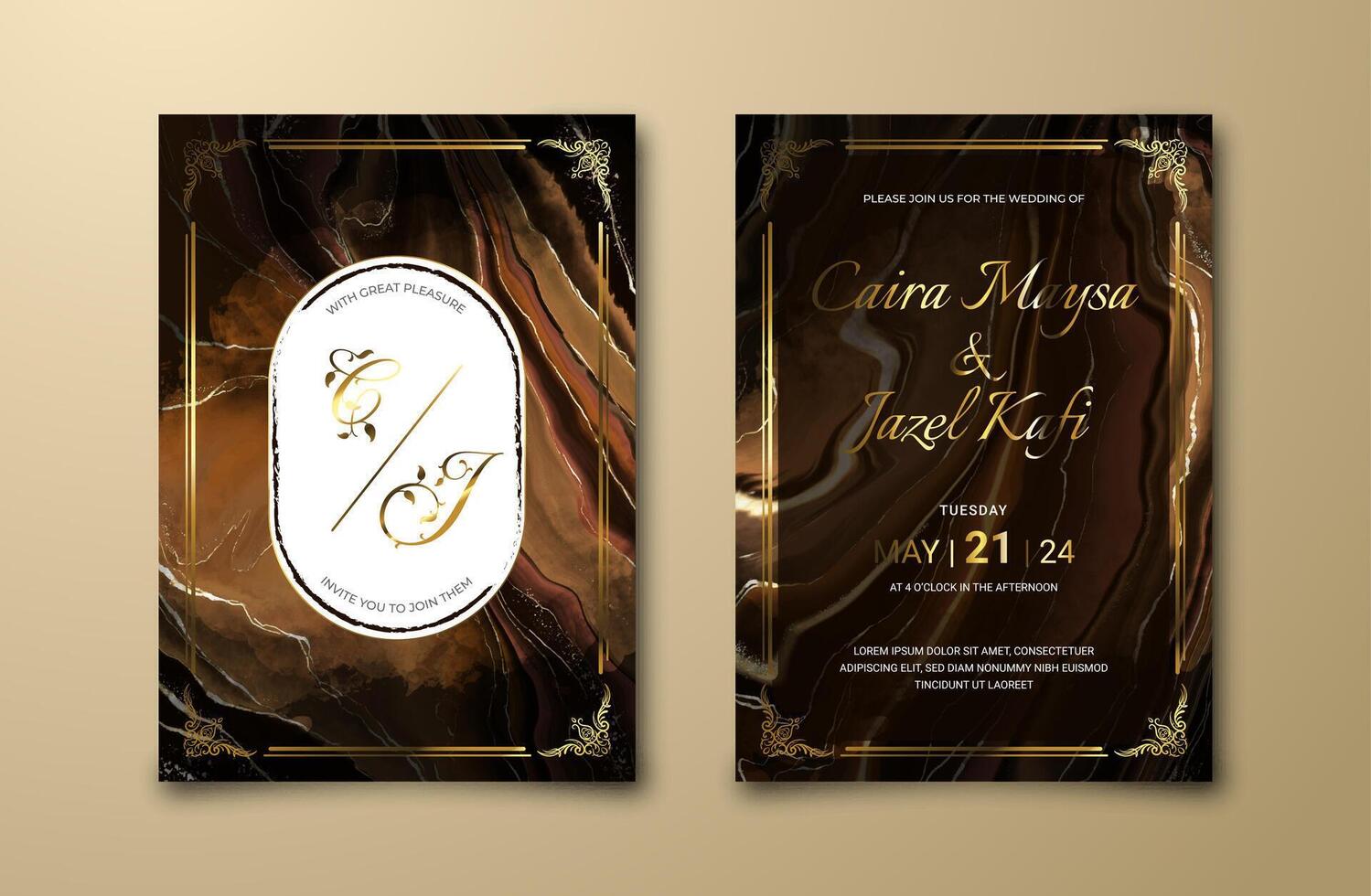 Luxury wedding invitation card with alcohol ink painting background in chocolate color. Abstract marble texture for marriage celeberation template. Engagement card mockup vector
