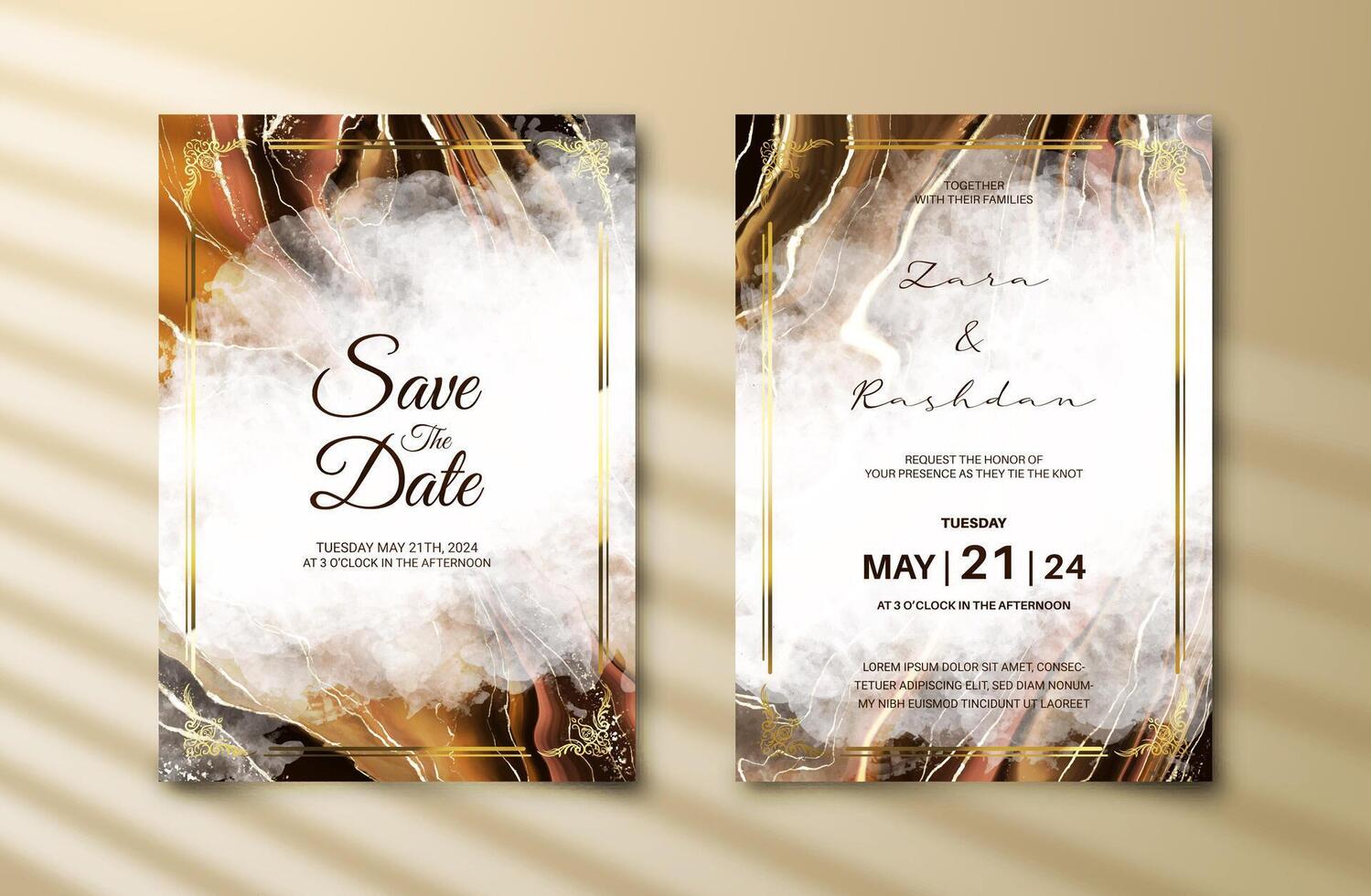 Luxury wedding invitation card with gold and brown watercolor painting background. Abstract marble texture for marriage celeberation template. Engagement card mockup. Beautiful cover design vector