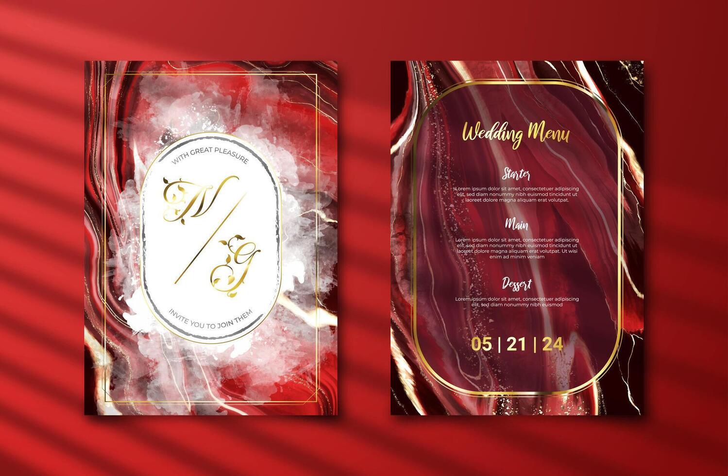 Luxury wedding invitation card with dark red alcohol ink painting background. Abstract marble texture for marriage celeberation template. Engagement card mockup vector