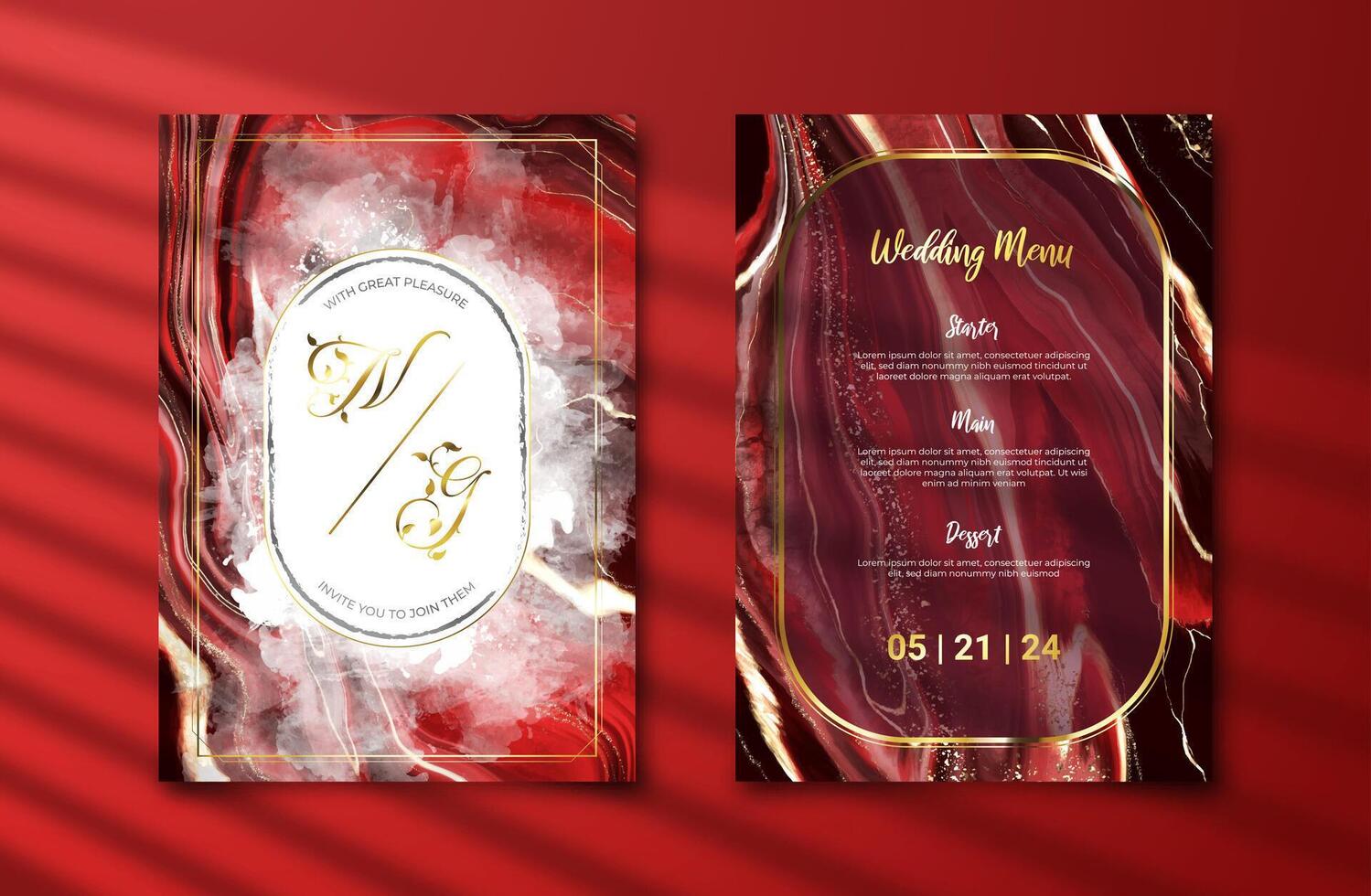 lujo Boda invitación tarjeta con oscuro rojo alcohol tinta pintura antecedentes. resumen mármol textura para matrimonio celebracion modelo. compromiso tarjeta Bosquejo vector