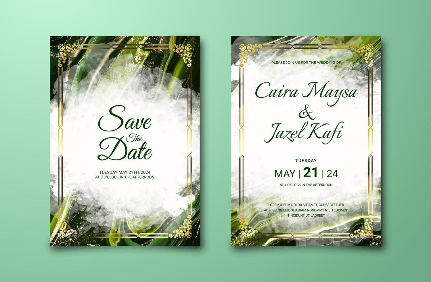 Luxury wedding invitation card with green watercolor painting background. Abstract marble texture for marriage celeberation template. Engagement card mockup. Beautiful cover design vector