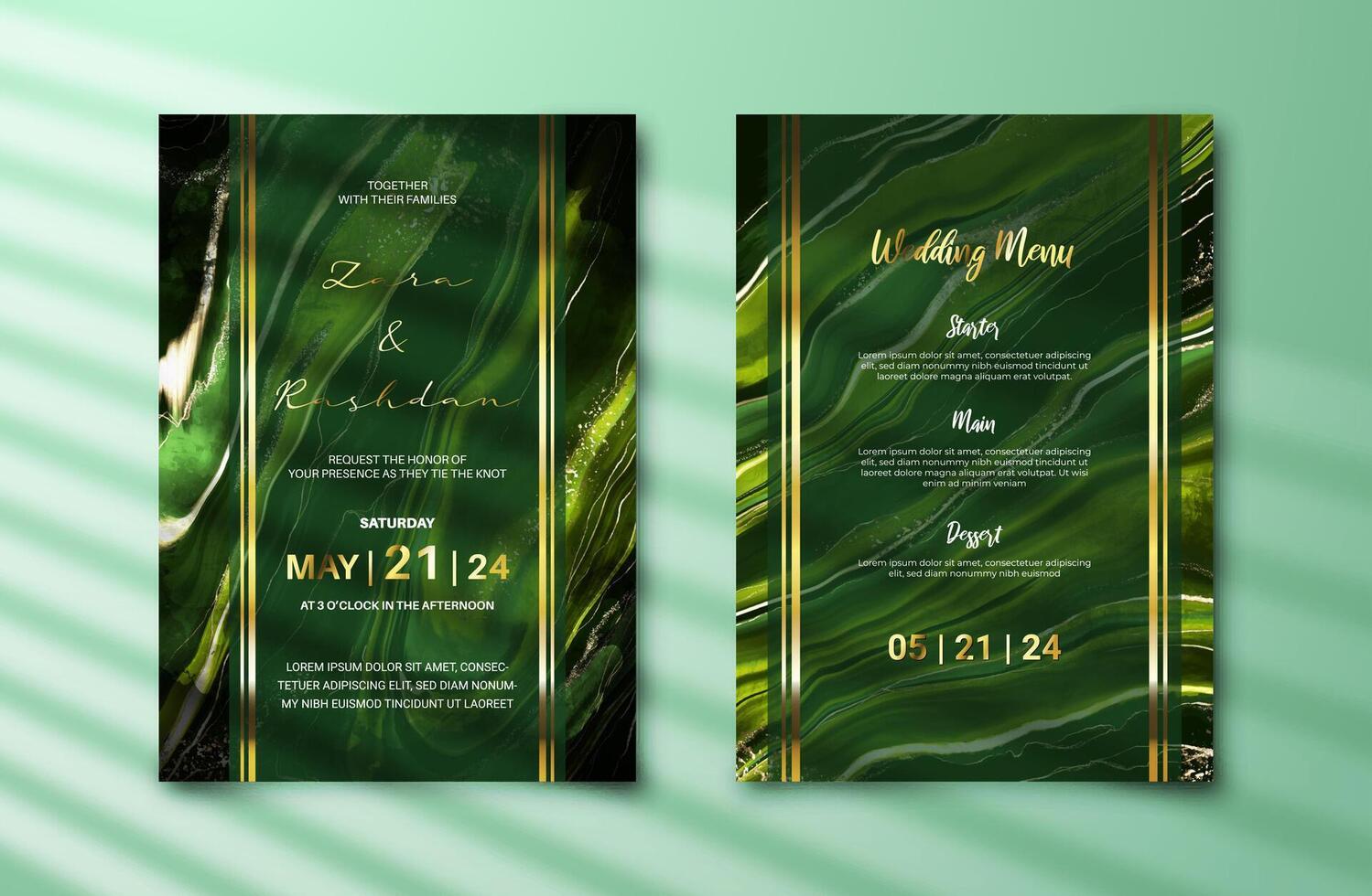 Luxury wedding invitation card with dark green alcohol ink painting background. Abstract marble texture for marriage celeberation template. Engagement card mockup vector