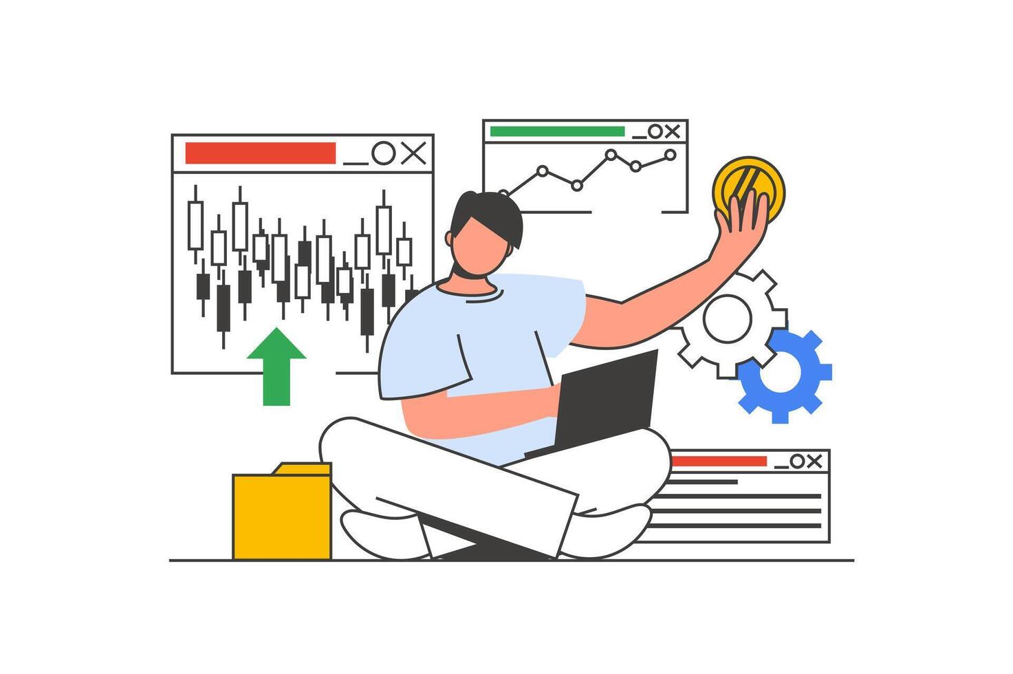 Stock market outline web concept with character scene. Man analyzing candlestick chart, investing money. People situation in flat line design. Vector illustration for social media marketing material.