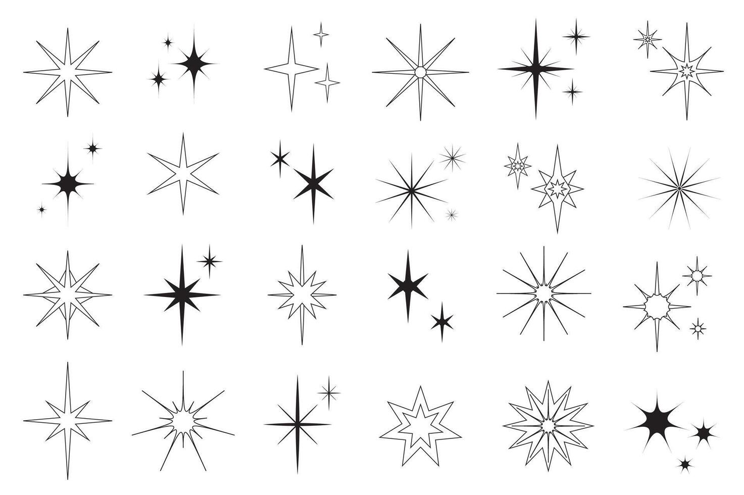 Line stars set graphic elements in flat design. Bundle of minimalistic linear black symbols of starry night, falling star, firework in sky, Christmas decorations. Vector illustration isolated objects