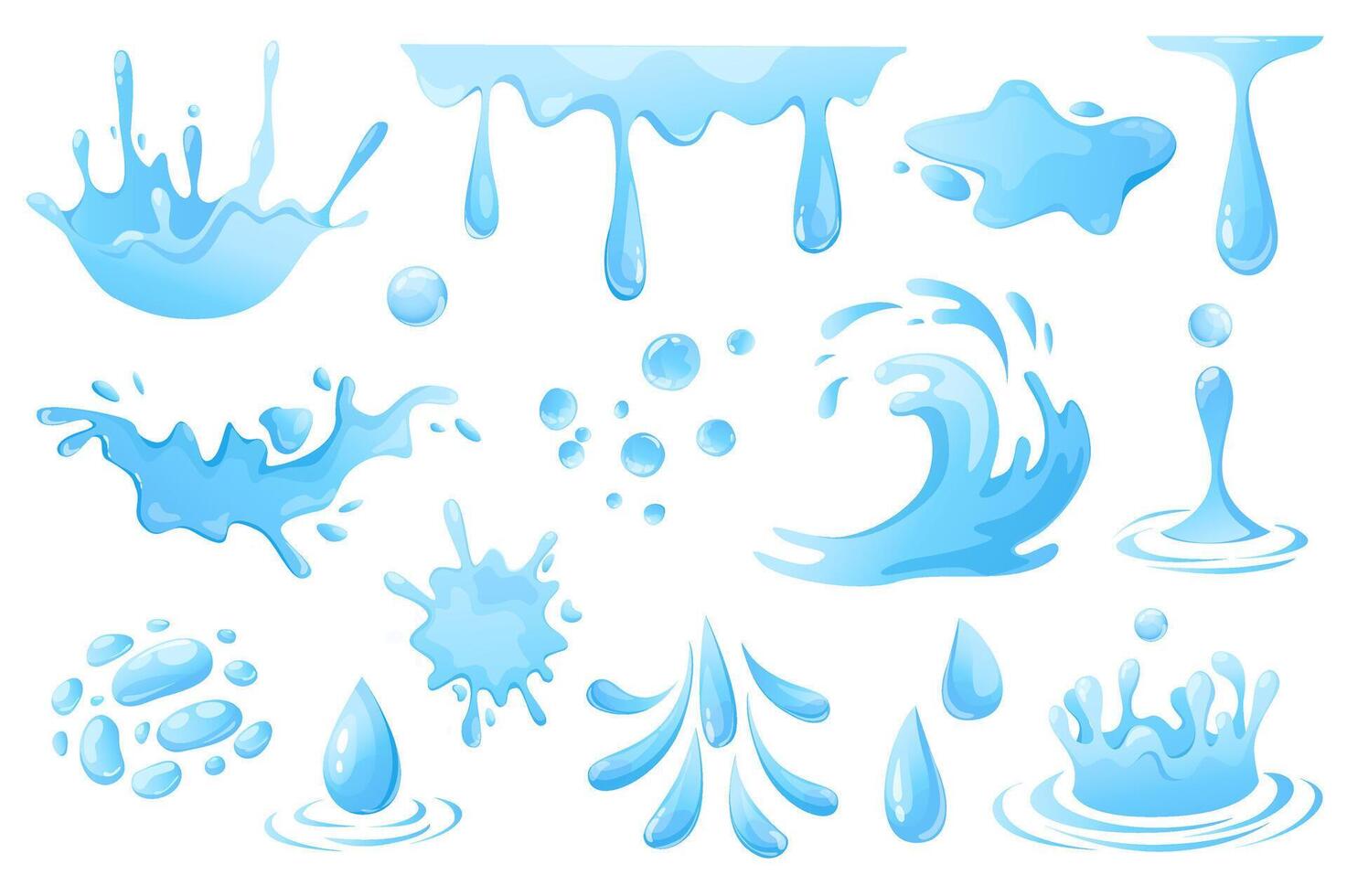 Water drops and splashes set graphic elements in flat design. Bundle of swirl and curl waves, liquid flow, falling raindrops, flowing and splashing aqua motion. Vector illustration isolated objects