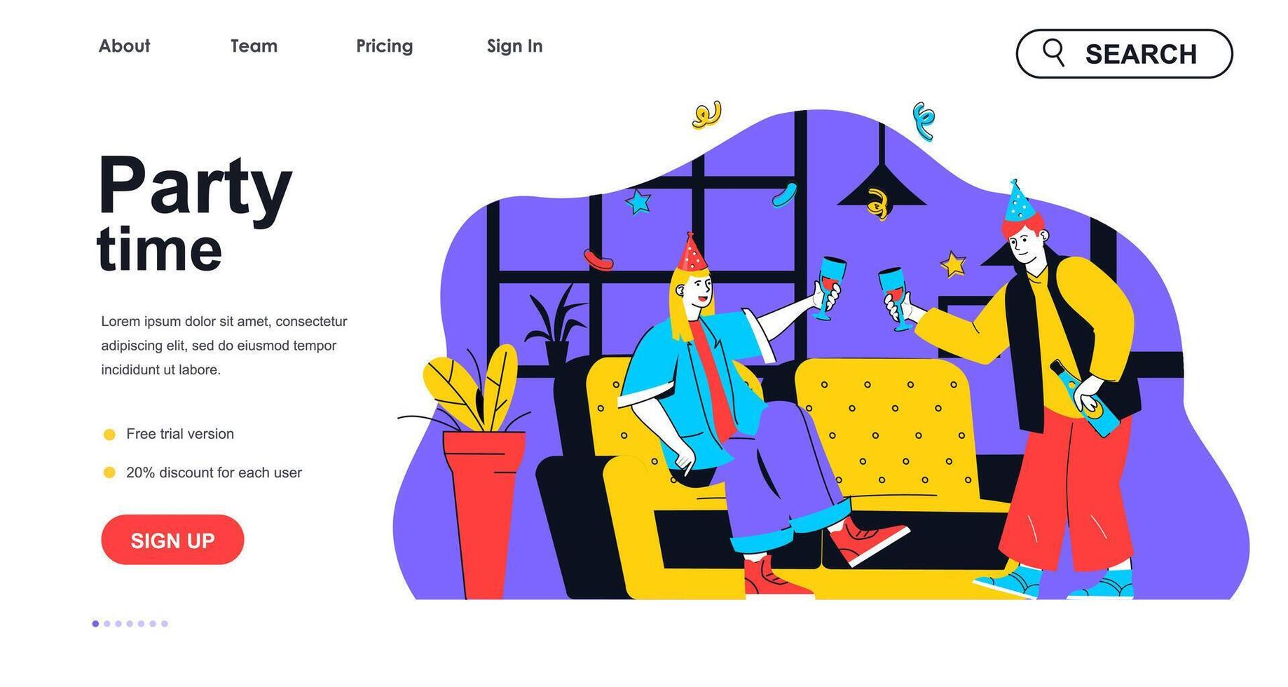 Party time concept for landing page template. Couple in festive cones drinking and relaxing. Celebrating holiday at home people scene. Vector illustration with flat character design for web banner