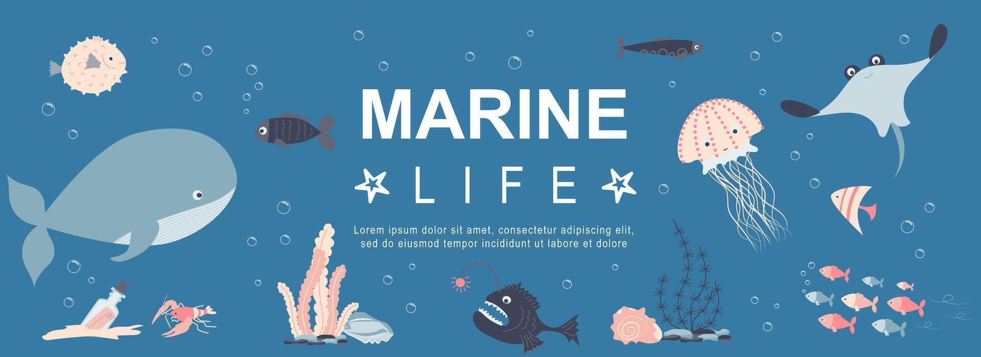 Marine life horizontal web banner. Whale, crabs, different types of fish, seaweed, jellyfish, stingray, underwater wildlife. Vector illustration for header website, cover templates in modern design