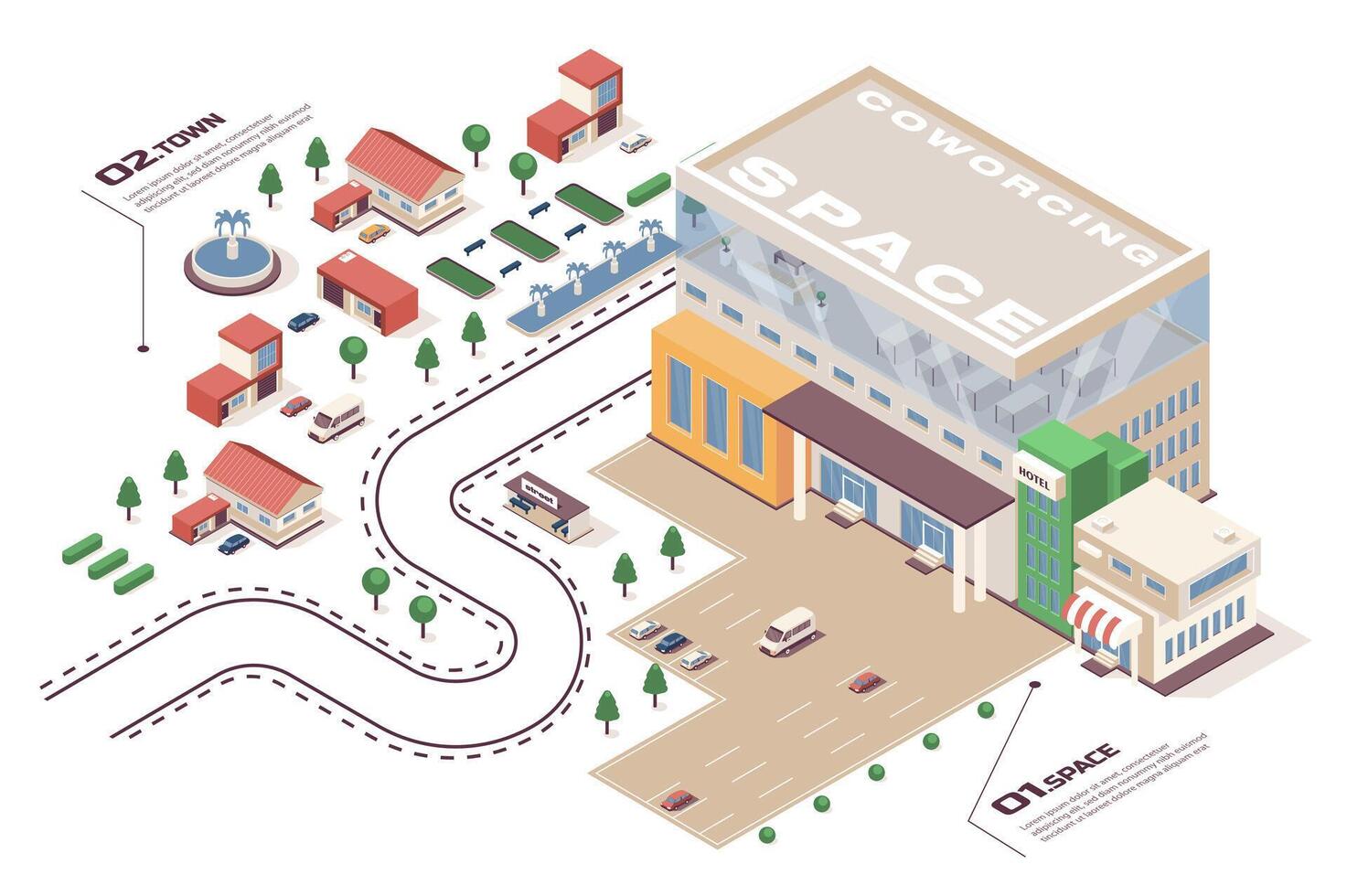 trabajo colaborativo espacio concepto 3d isométrica web infografía flujo de trabajo proceso. infraestructura mapa con espacio de trabajo oficina, estacionamiento, pueblo empleado edificios vector ilustración en isometria gráfico diseño