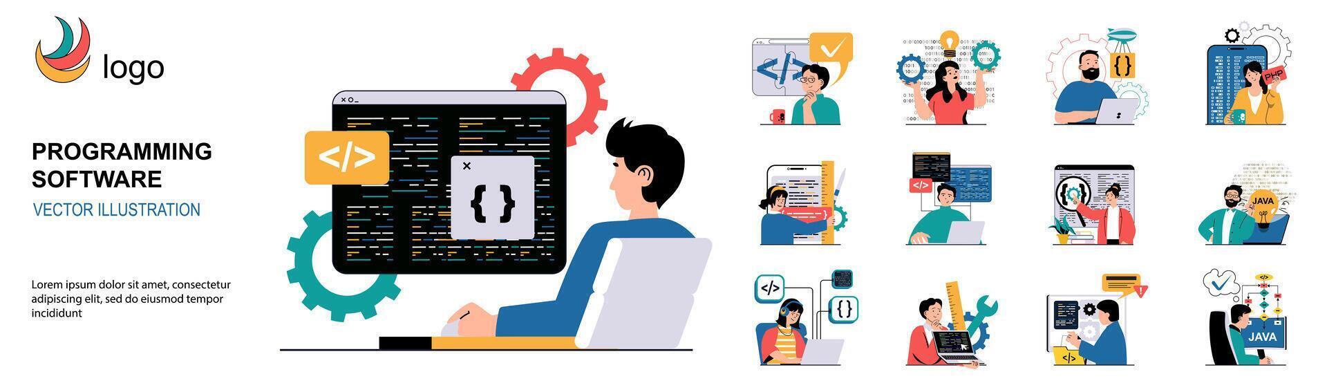 programación software concepto con personaje situaciones recopilación. haz de escenas personas escribir, prueba y optimizar código, trabajo con diferente programa idiomas vector ilustraciones en plano web diseño