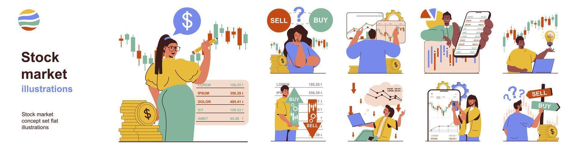 Stock market concept with character situations collection. Bundle of scenes people analyze data on stock trading exchange, buy and sell on successful strategy. Vector illustrations in flat web design