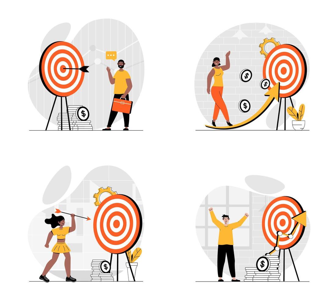 Business target concept with character set. Collection of scenes people achieve goals and hitting aim, productive work, success investment and development. Vector illustrations in flat web design