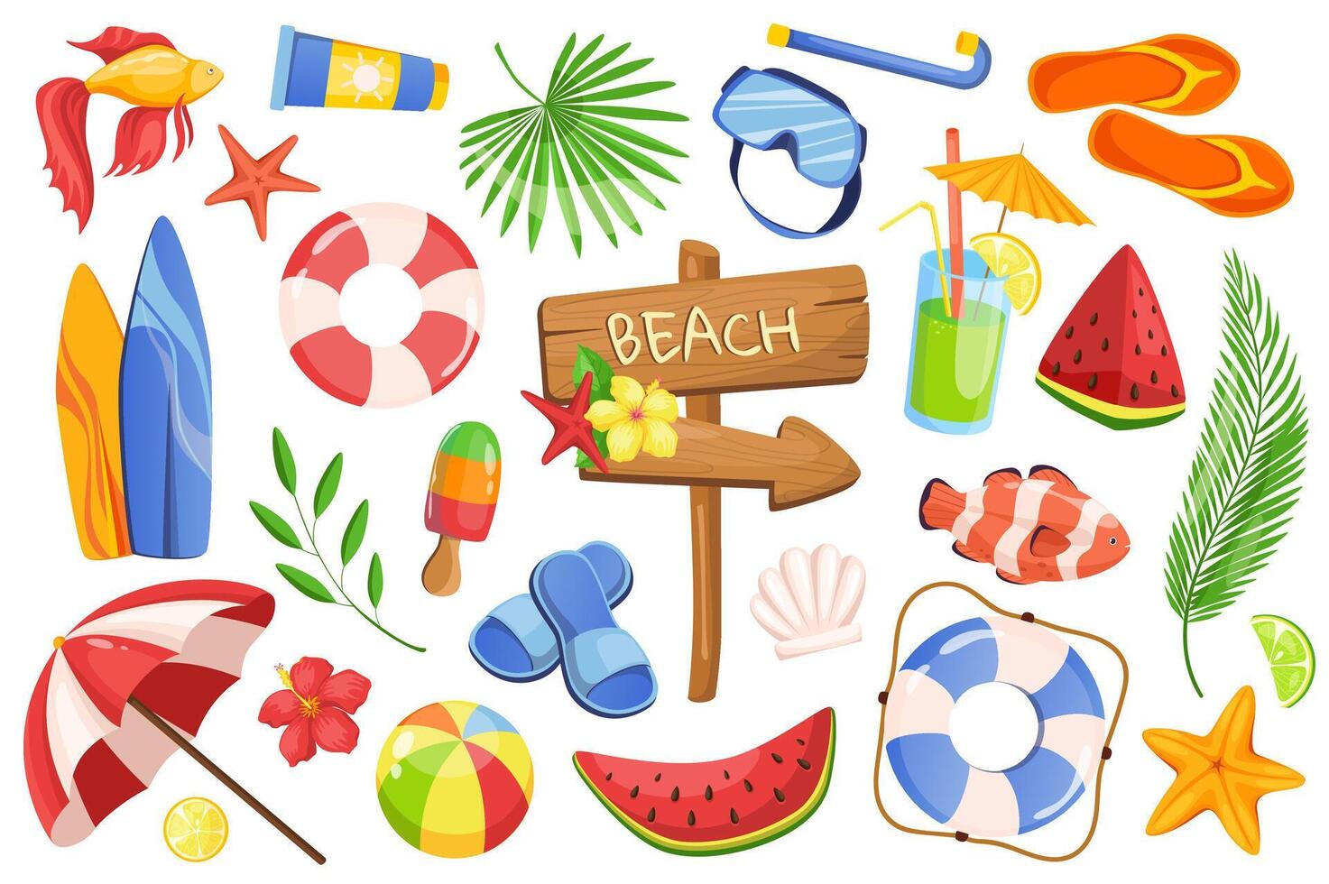 verano hora conjunto gráfico elementos en plano diseño. haz de playa puntero, tropical hoja, flores, protector solar, estrella de mar, boya salvavidas, hielo crema, tabla de surf y otro. vector ilustración aislado objetos