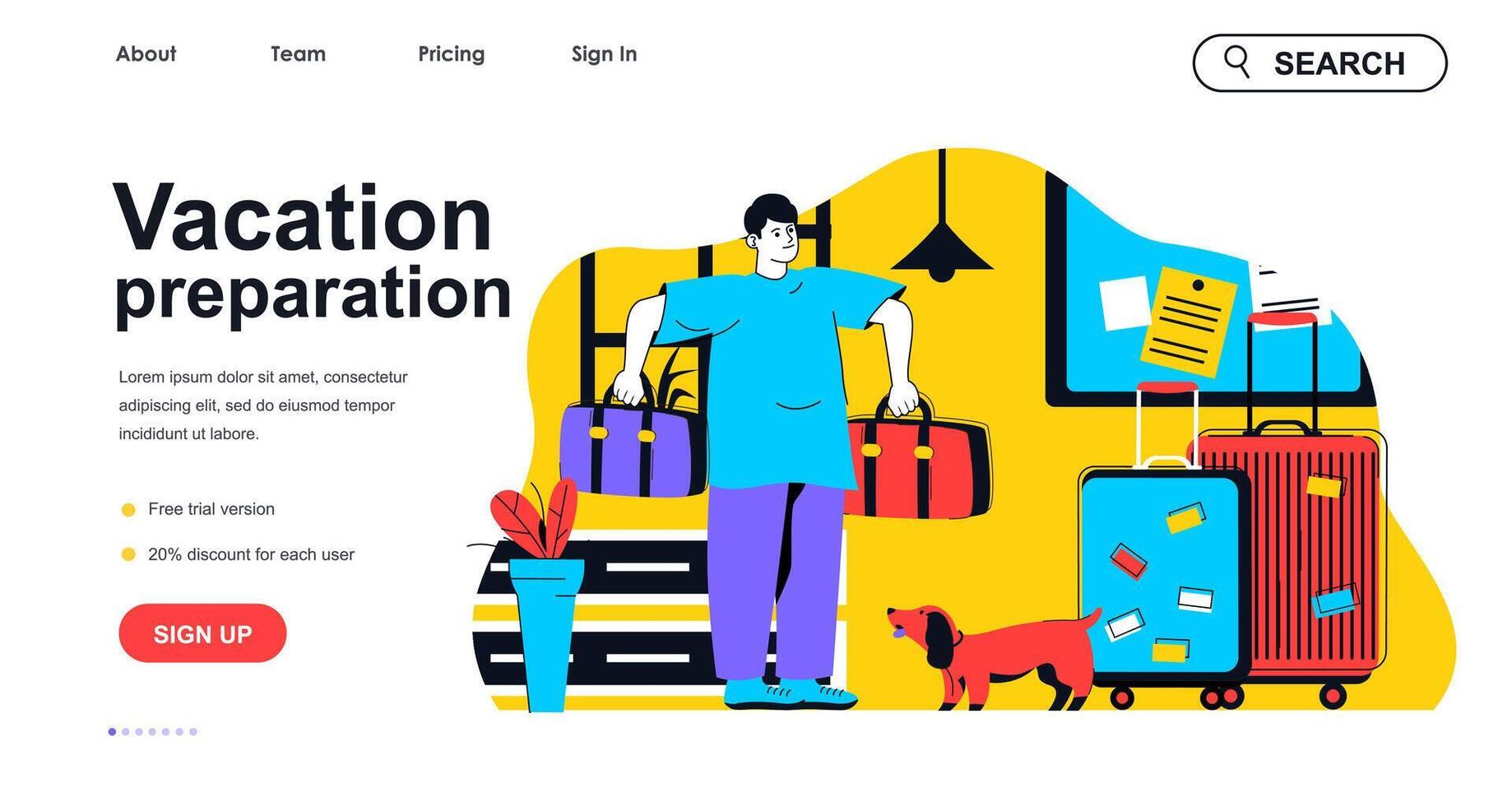 Vacation preparation concept for landing page template. Man packing clothes in bags for going on trip. Travel and tourism people scene. Vector illustration with flat character design for web banner