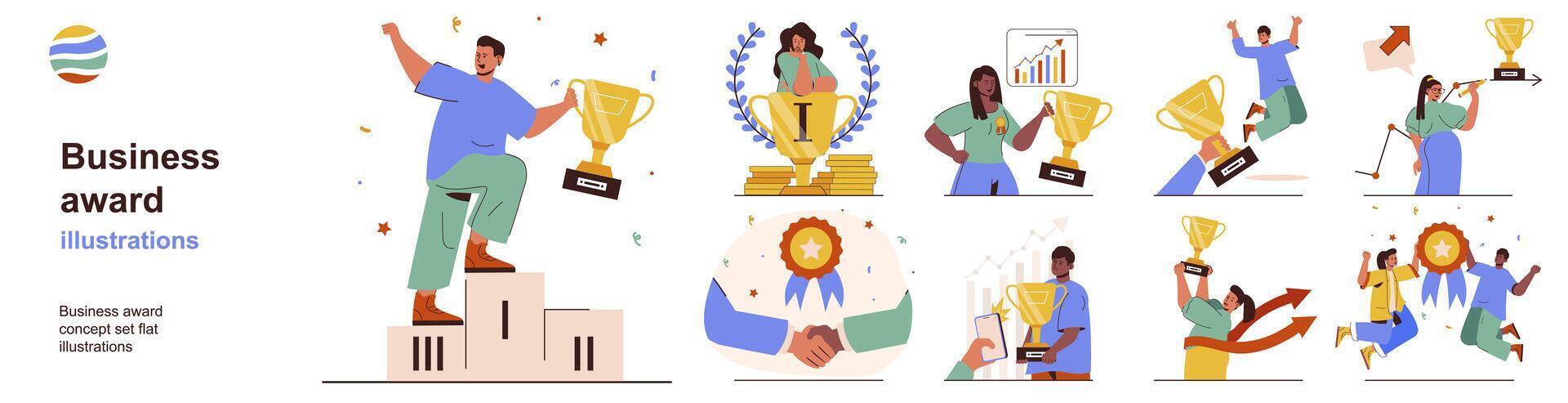 Business award concept with character situations collection. Bundle of scenes people celebrate achieving goals and getting golden cup and win first place. Vector illustrations in flat web design