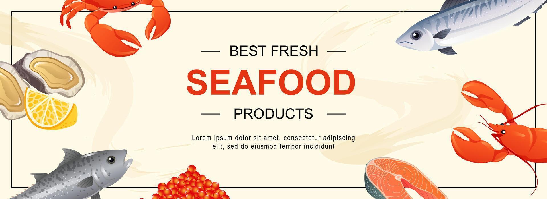 Seafood horizontal web banner. Different fish, mackerel, salmon, red caviar, crab, lobster, oyster with lemon, other products. Vector illustration for header website, cover templates in modern design