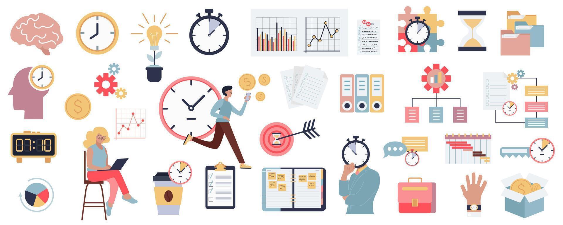 Time management mega set in flat graphic design. Collection elements of office workflow signs, countdown clock, schedules, hourglass, business deadline, hurry employees, other. Vector illustration.