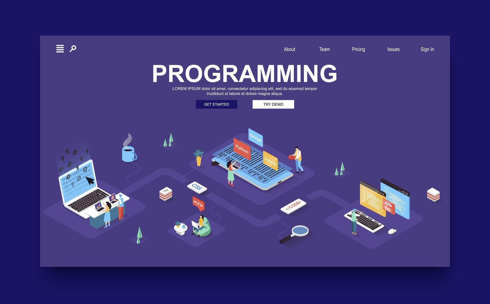 Programming company concept 3d isometric landing page template. People ...