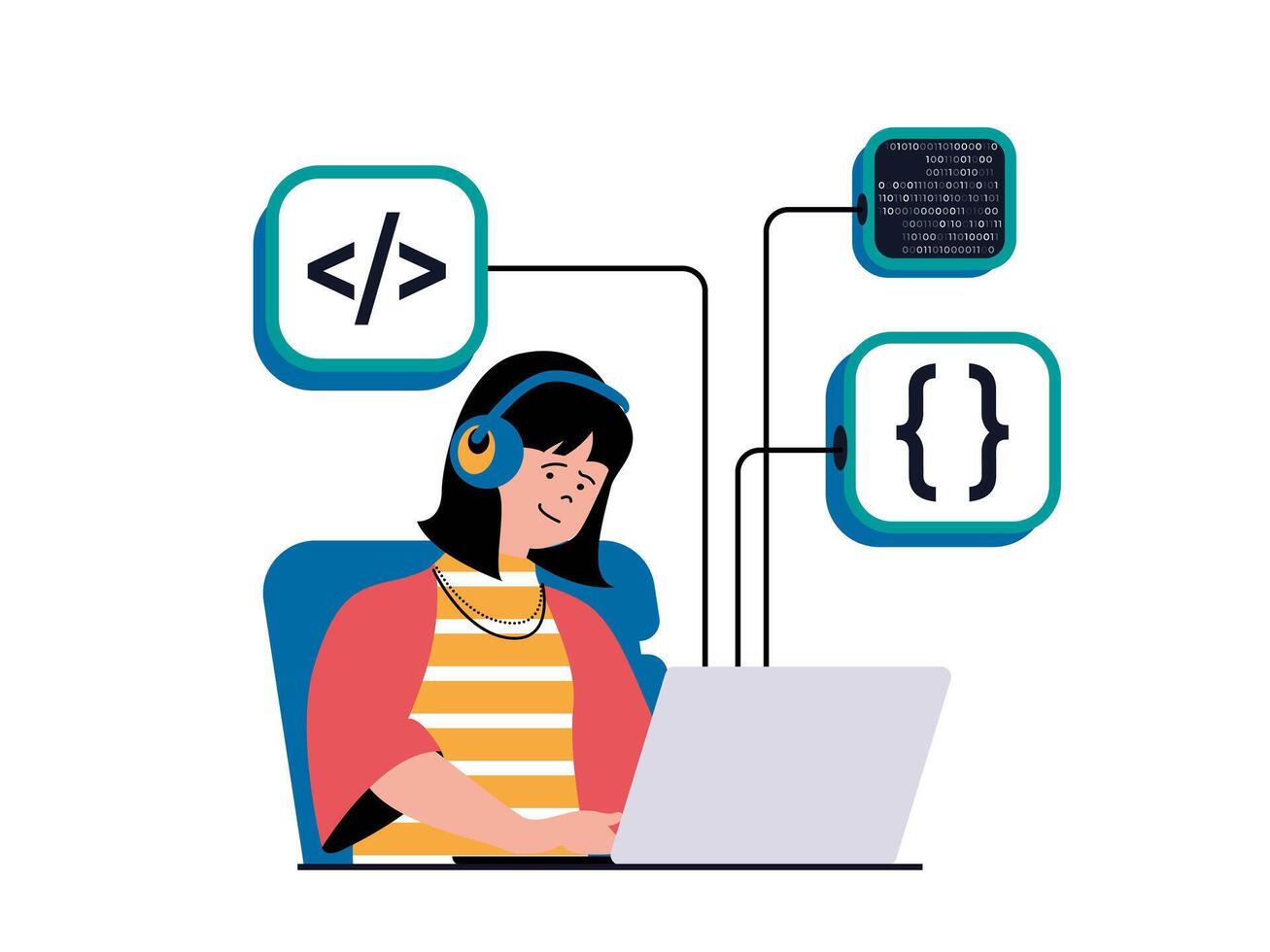 Programming software concept with character situation. Woman working with program code, finding new solutions, fixing bugs and testing. Vector illustration with people scene in flat design for web