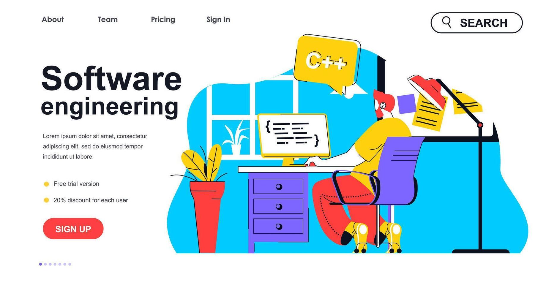 software Ingenieria concepto para aterrizaje página modelo. programador crea aplicaciones, trabajos a computadora. desarrollo de programas personas escena. vector ilustración con plano personaje diseño para web bandera