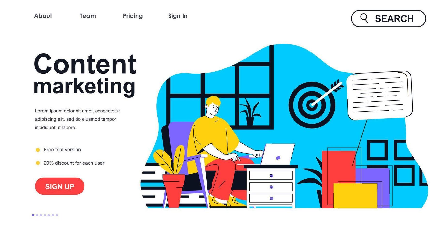 Content marketing concept for landing page template. Marketer makes advertising campaigns. Blogging and business promotion people scene. Vector illustration with flat character design for web banner