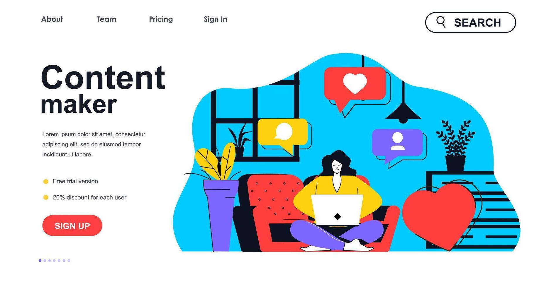 Content maker concept for landing page template. Woman creates content for social networks. Blogging and business promotion people scene. Vector illustration with flat character design for web banner