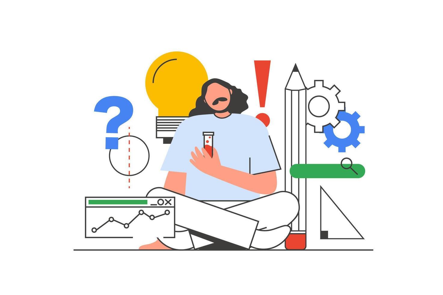 Science outline web concept with character scene. Man making tests, researching and experimenting in lab. People situation in flat line design. Vector illustration for social media marketing material.