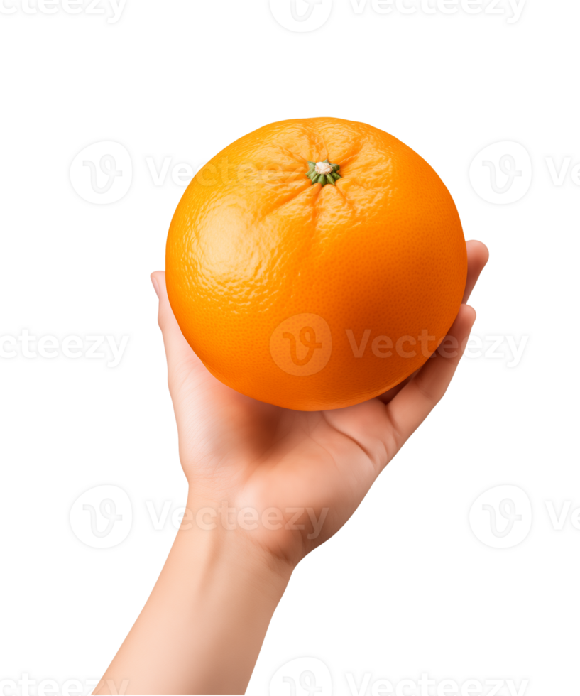 AI generated a hand-holding orange fruit isolated on a transparent background, PNG