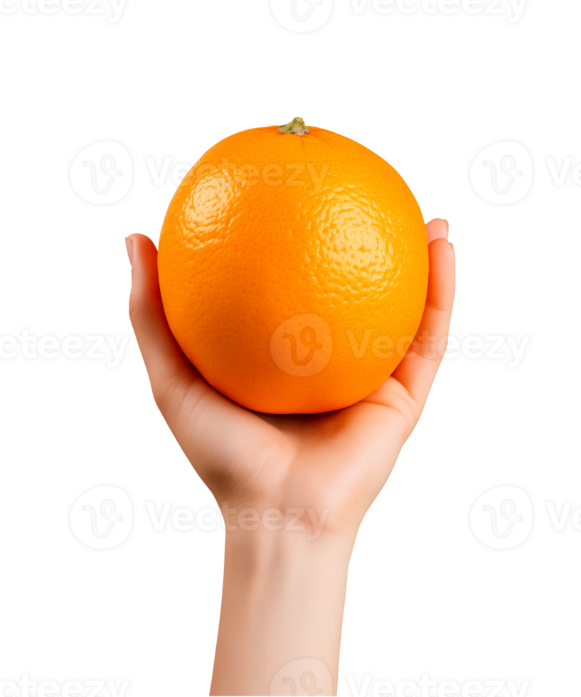 AI generated a hand-holding orange fruit isolated on a transparent background, PNG