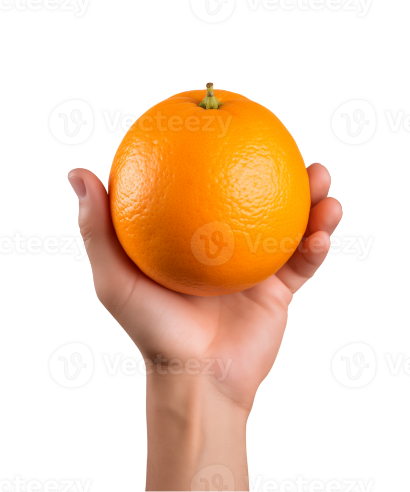 AI generated a hand-holding orange fruit isolated on a transparent background, PNG