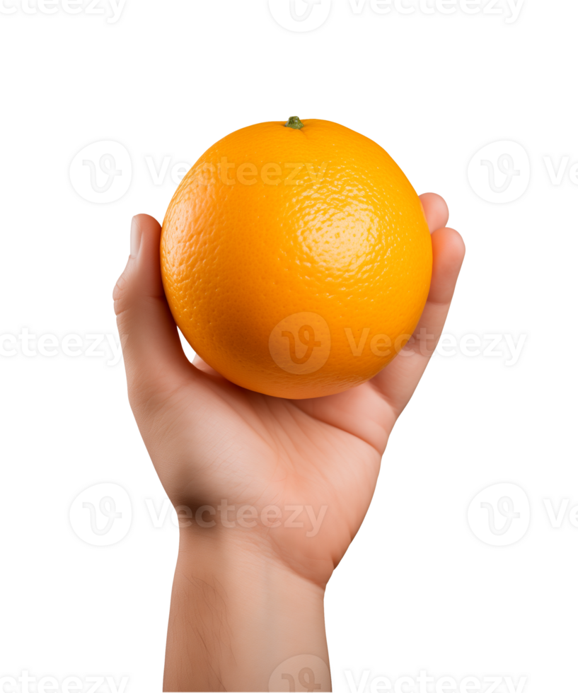 AI generated a hand-holding orange fruit isolated on a transparent background, PNG