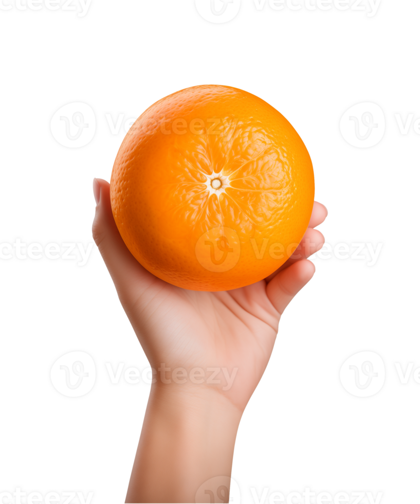 AI generated a hand-holding orange fruit isolated on a transparent background, PNG