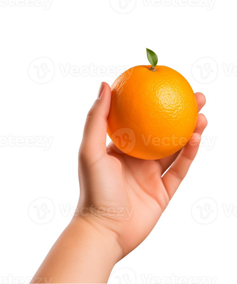 AI generated a hand-holding orange fruit isolated on a transparent background, PNG