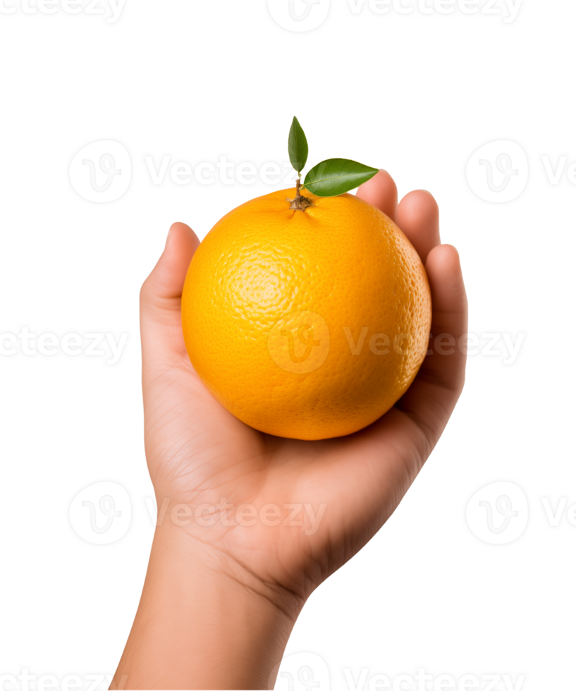 AI generated a hand-holding orange fruit isolated on a transparent background, PNG