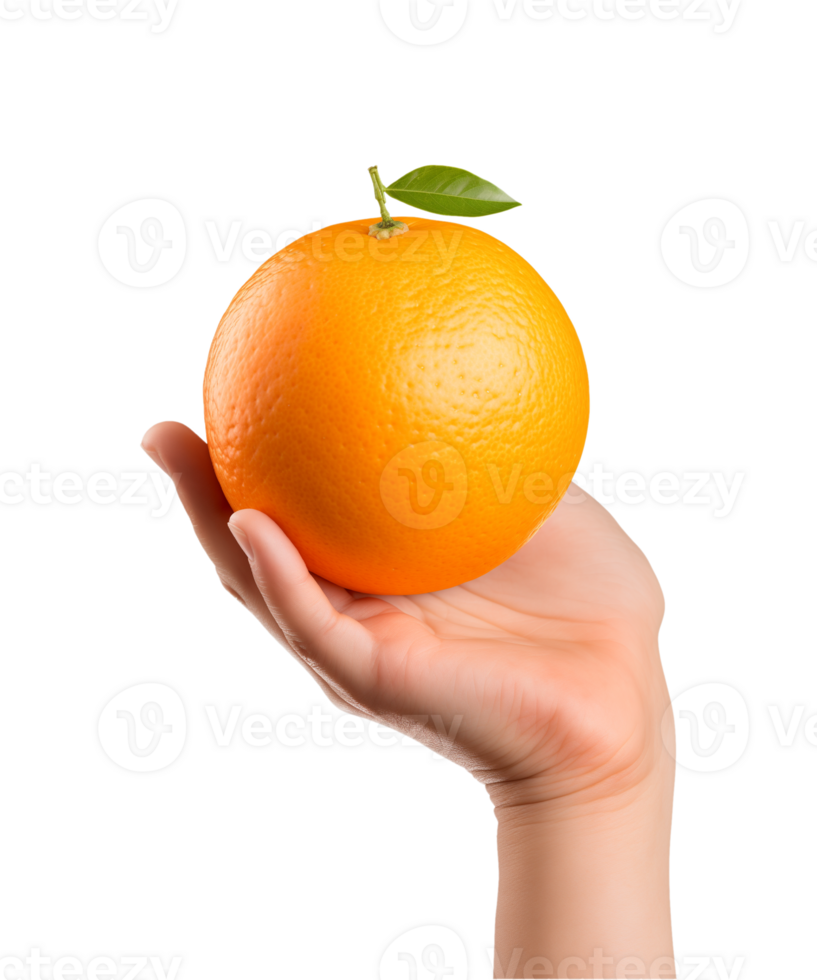 AI generated a hand-holding orange fruit isolated on a transparent background, PNG