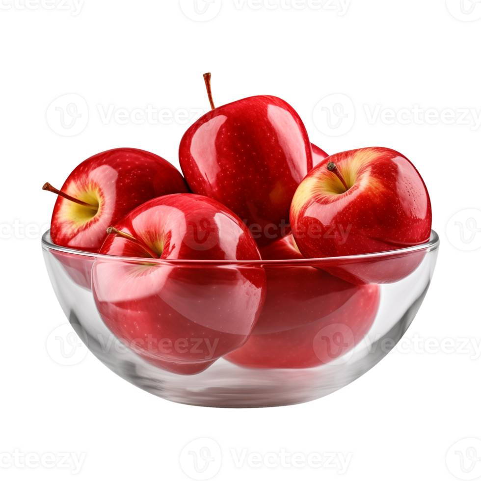 AI generated a bowl of fresh whole red apples isolated on a transparent background, PNG
