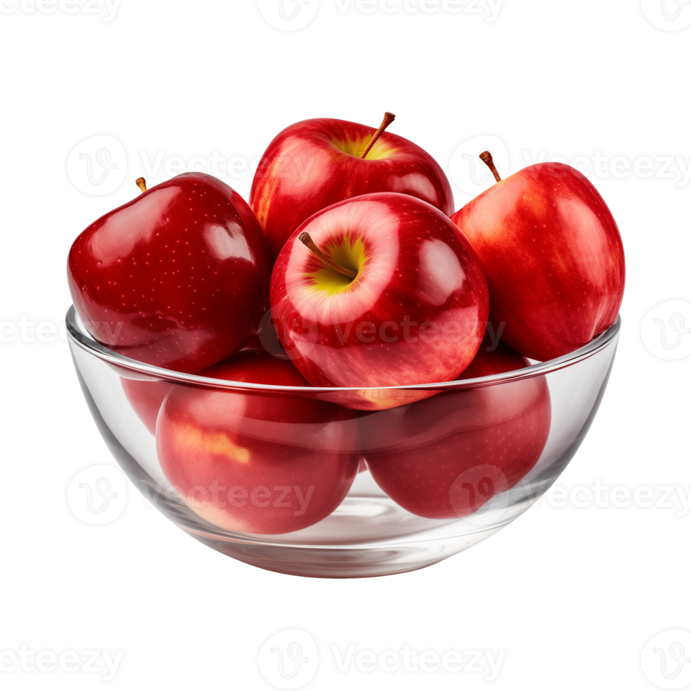 AI generated a bowl of fresh whole red apples isolated on a transparent background, PNG