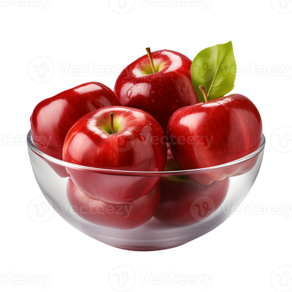 AI generated a bowl of fresh whole red apples isolated on a transparent background, PNG