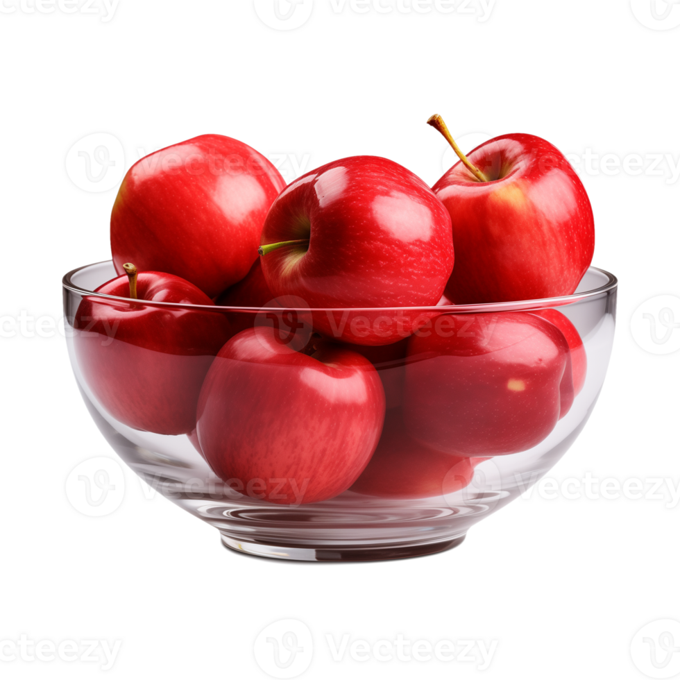 AI generated a bowl of fresh whole red apples isolated on a transparent background, PNG