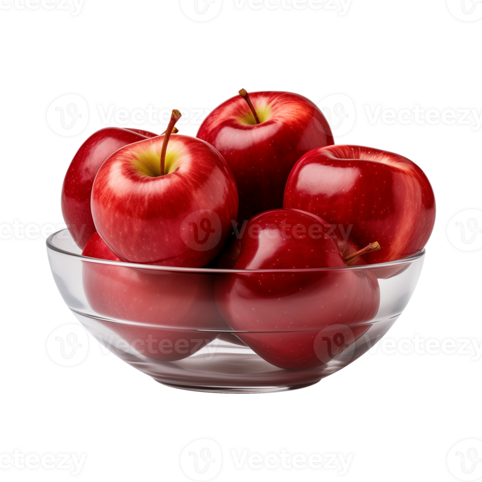 AI generated a bowl of fresh whole red apples isolated on a transparent background, PNG