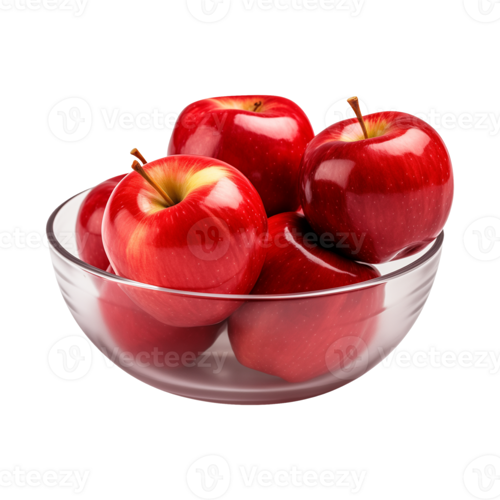 AI generated a bowl of fresh whole red apples isolated on a transparent background, PNG